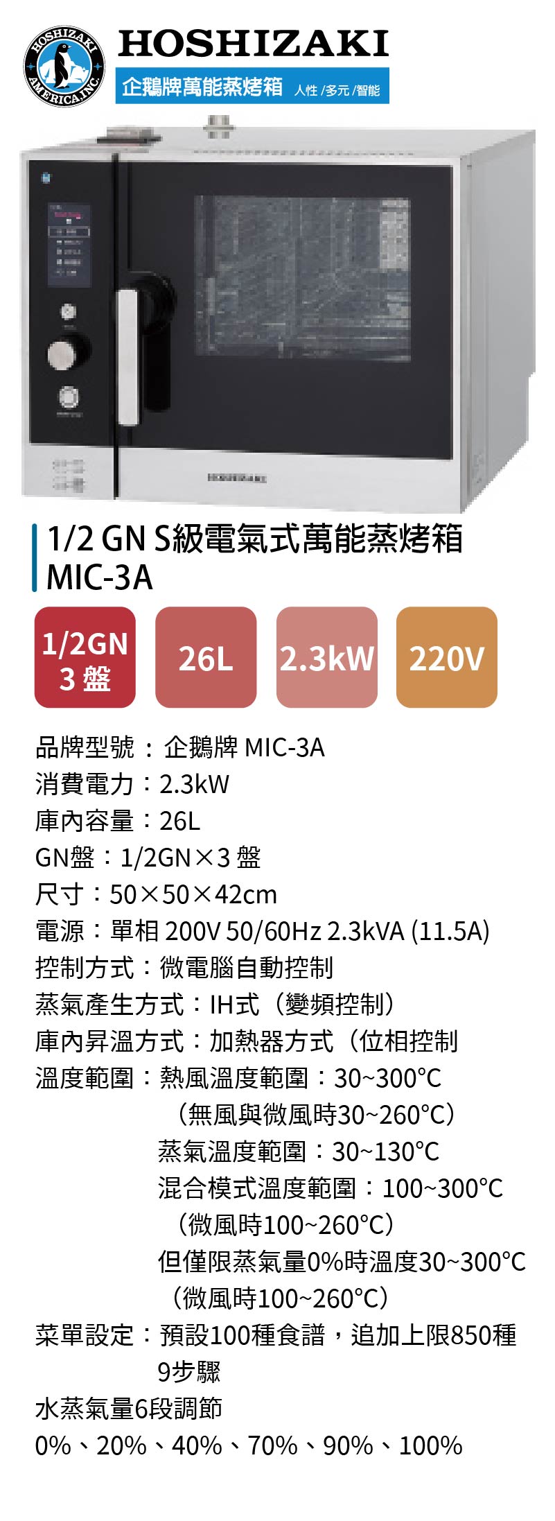 1/2 GN S級電氣式萬能蒸烤箱